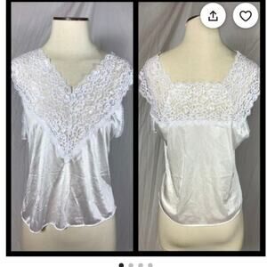 Vintage Lingerie White Nylon Pullover Camisole with Wide Lace Shoulders